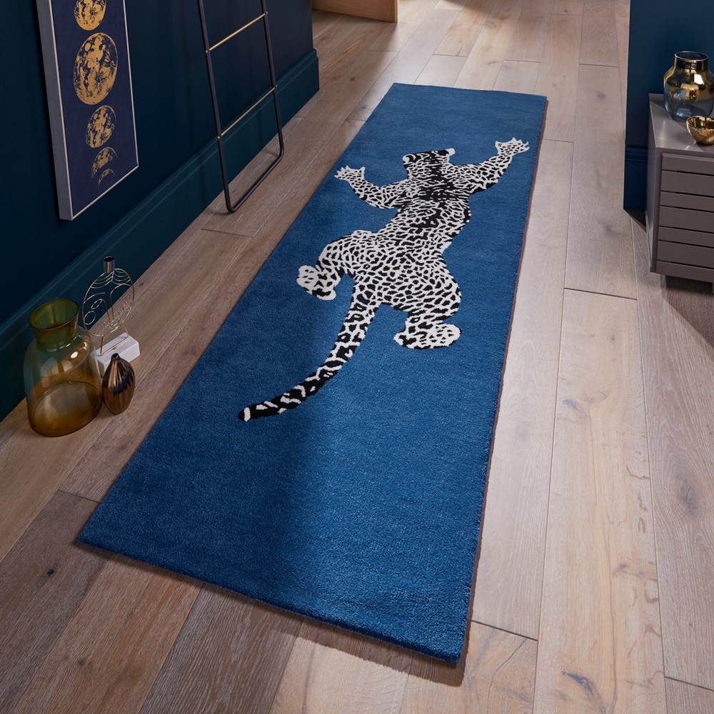 Climbing Jaguar Modern Wool Runner Rugs in Dark Blue